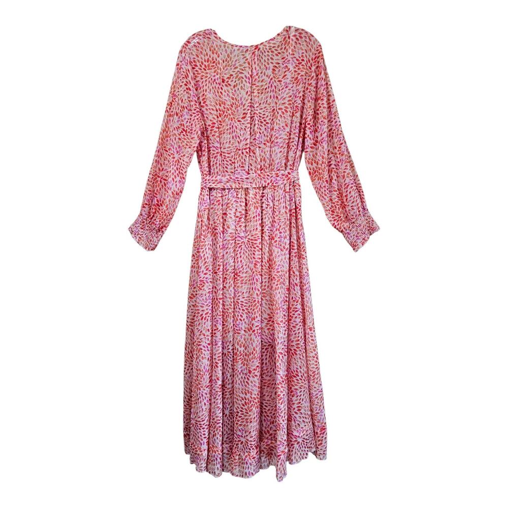 ALEXA B Women's 14 Maxi Dress Chiffon Orange Pink Leaves Tie Belt Long Sleeve 40 - Picture 10 of 11